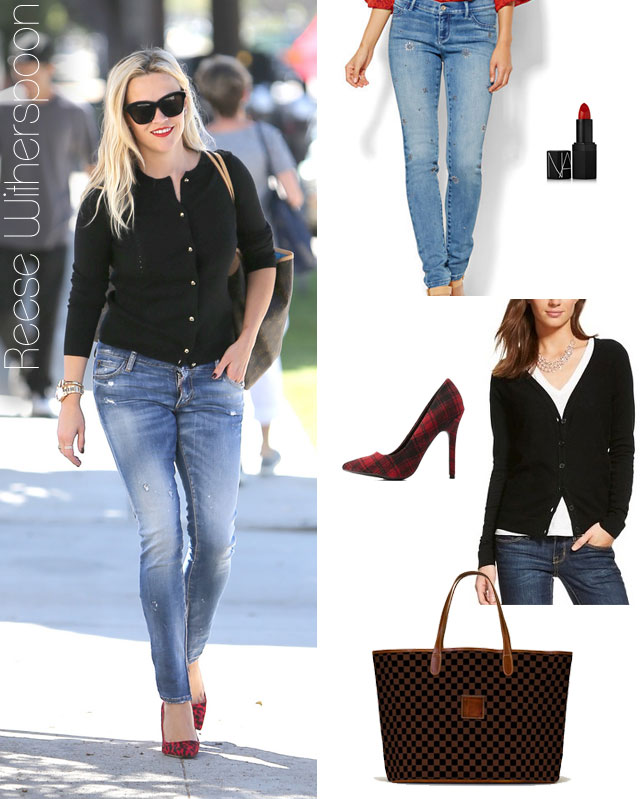 Reese Witherspoon's black cardigan and red print heels look for less