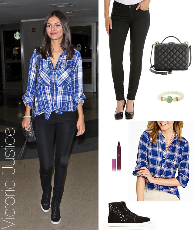 Victoria Justice's plaid shirt and black skinny jeans look for less