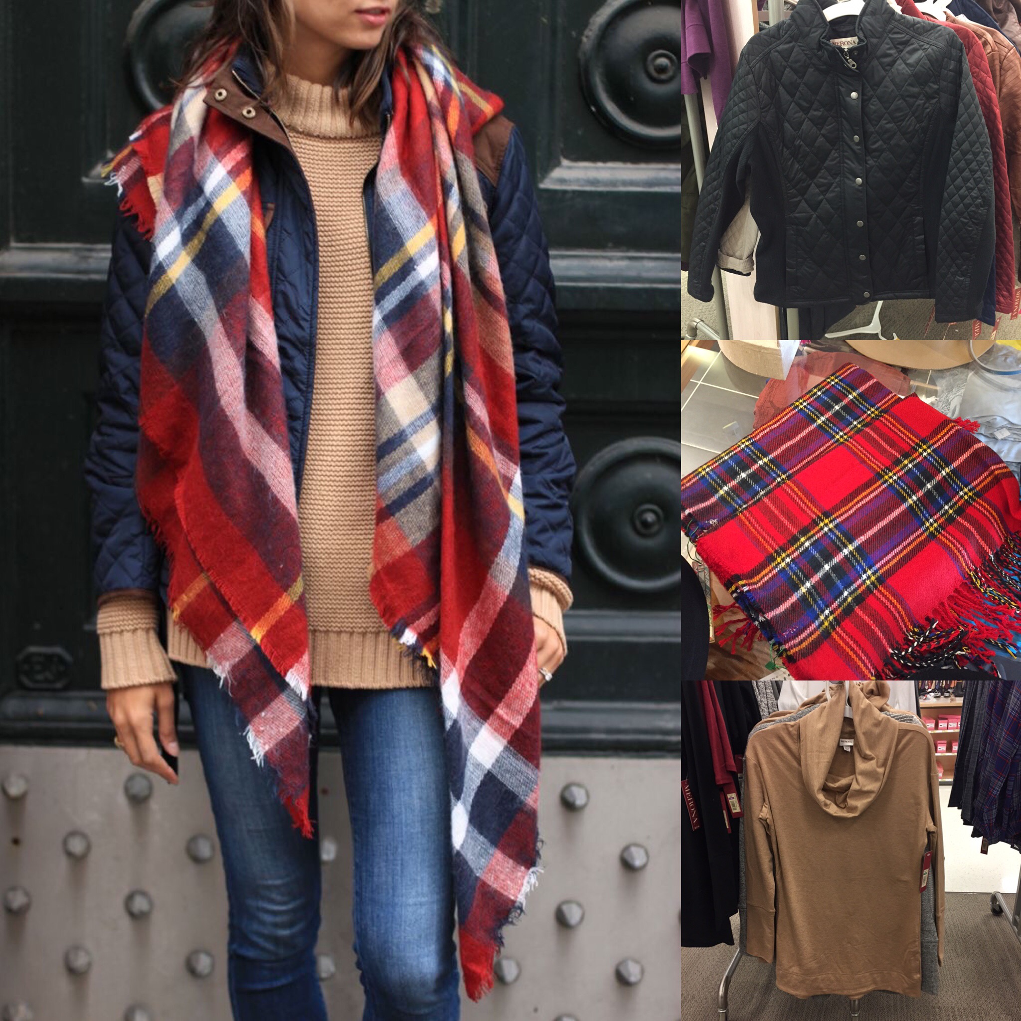 Fall outfit inspiration featuring blanket scarf, quilted jacket and camel sweater