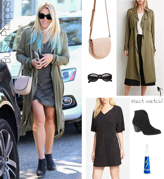 Busy Philipps' blue dipped hair, olive trench and ankle boots look for less