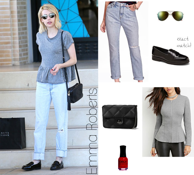 Emma Roberts' peplum top and Vince Camuto loafers look for less