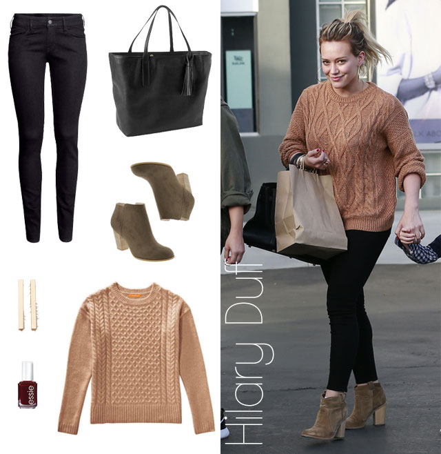 Hilary Duff's cableknit sweater and ankle boots look for less