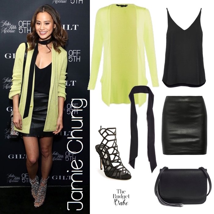 Jamie Chung Green Cardigan Black Skirt