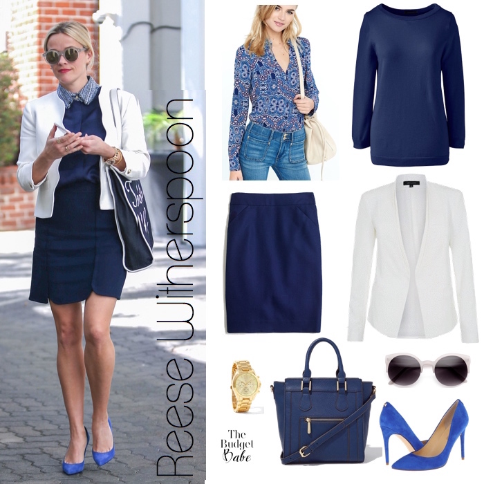 Reese Witherspoon Navy Skirt and White Blazer Look for Less