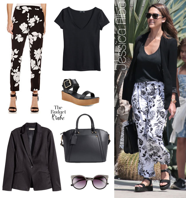 Jessica Alba fashion style casual dressy outfit idea featuring black blazer, floral print pants and flatform sandals