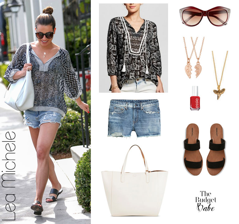 Lea Michele casual outfit idea featuring paisley boho blouse, denim cut-offs and slide sandals