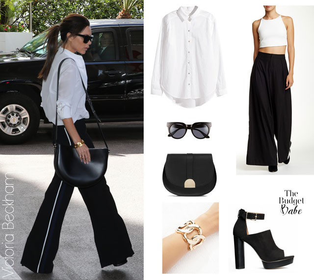 Victoria Beckham's wide leg pants and white shirt look for less