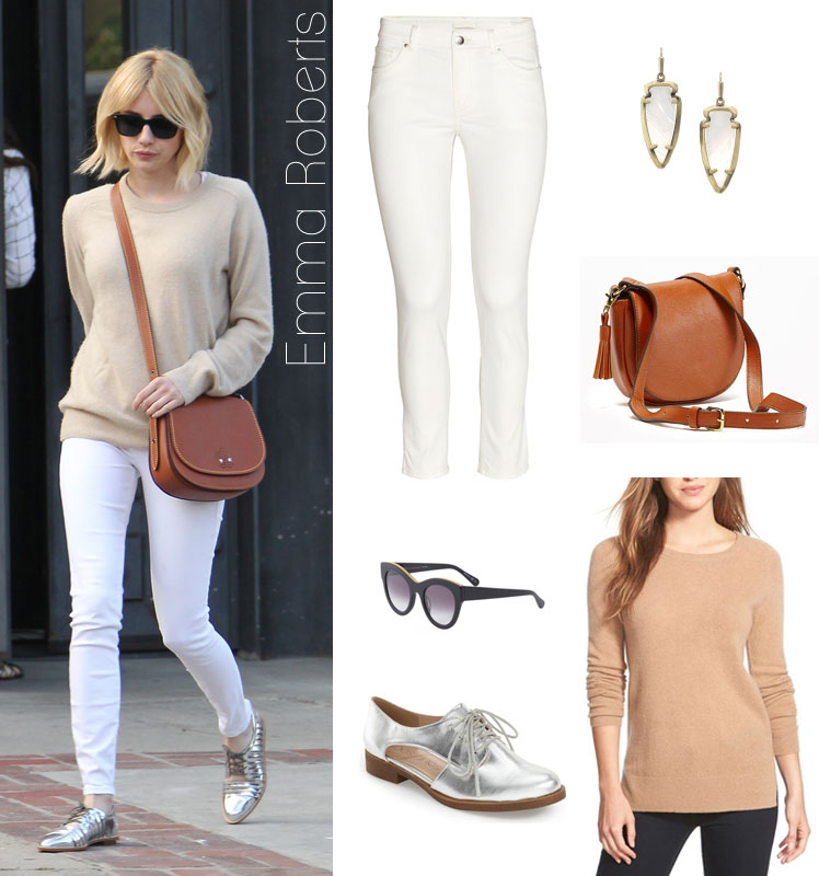 Emma Roberts pairs a camel sweater with white skinny jeans and silver oxfords.