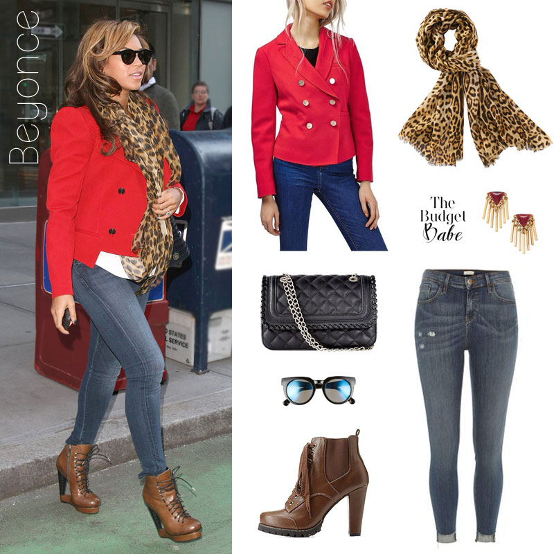 Shop Beyonce's red jacket and leopard scarf look for less.