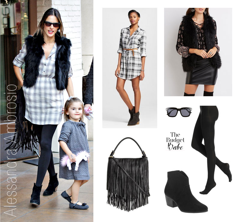 Alessandra Ambrosio wears a plaid shirtdress with a fur vest, opaque tights and Western style ankle booties.