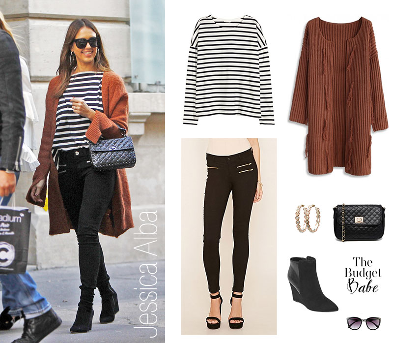 Jessica Alba wears a stripe top, zipper front skinny jeans and a rust colored cardigan while out and about in Paris.