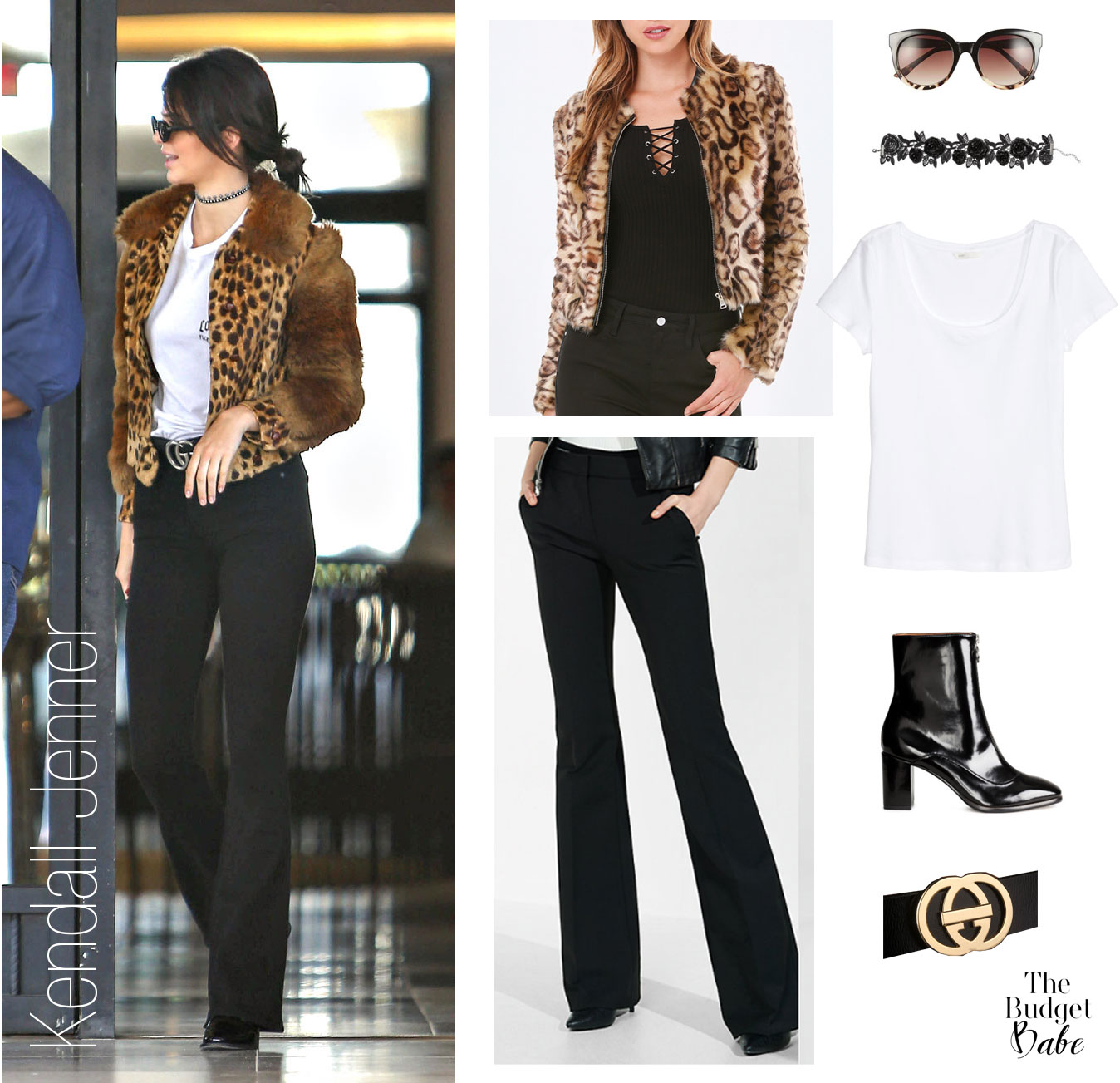 Kendall Jenner wears a leopard jacket with black flare pants and patent ankle booties.
