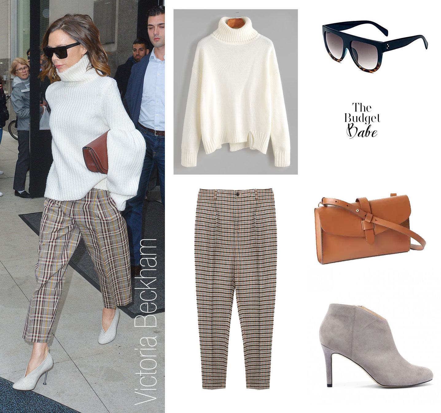 Victoria Beckham steps out in a turtleneck sweater and check pants.