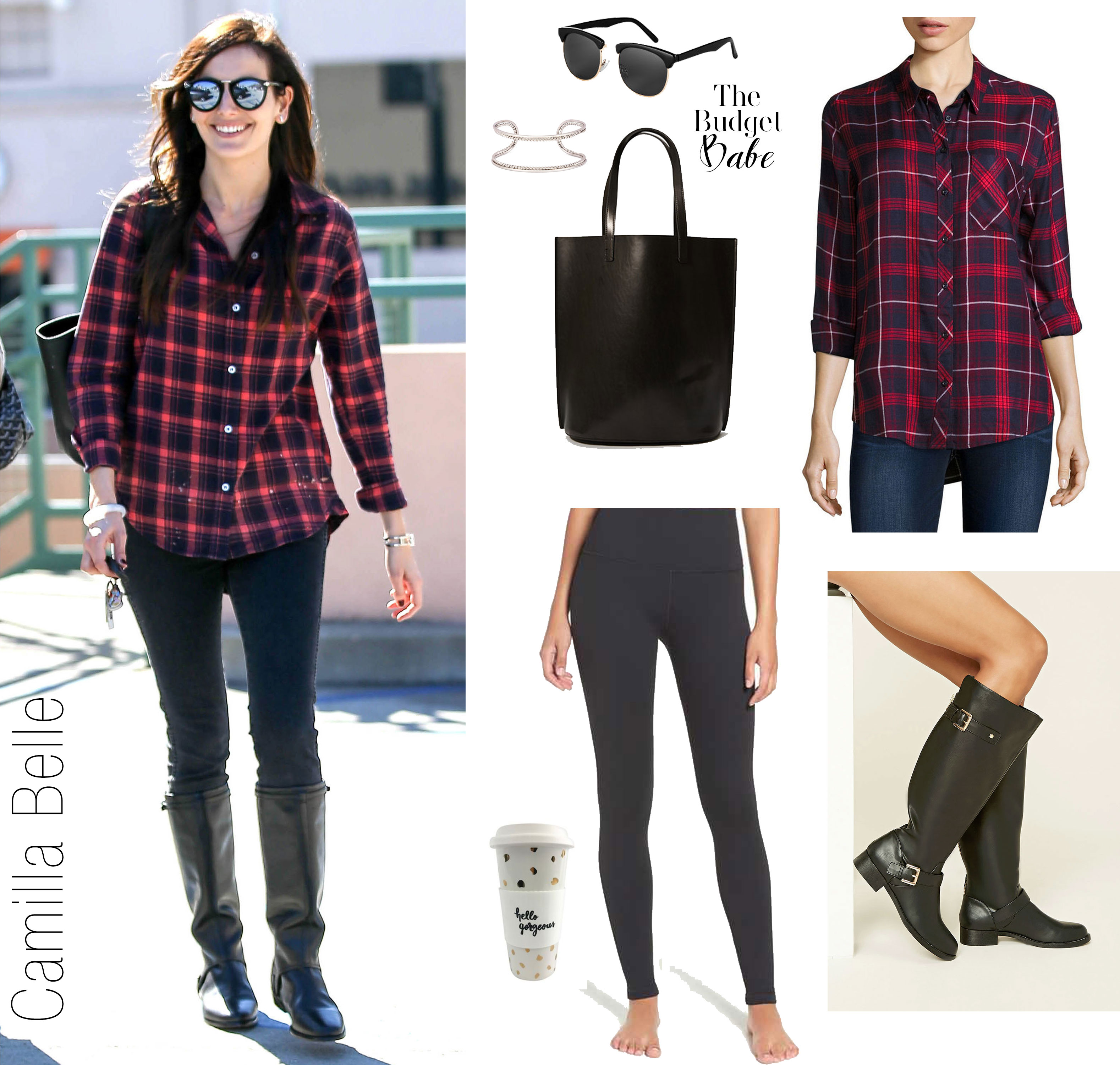 Camilla Belle looks casual and chic in a plaid shirt with black leggings and black riding boots.