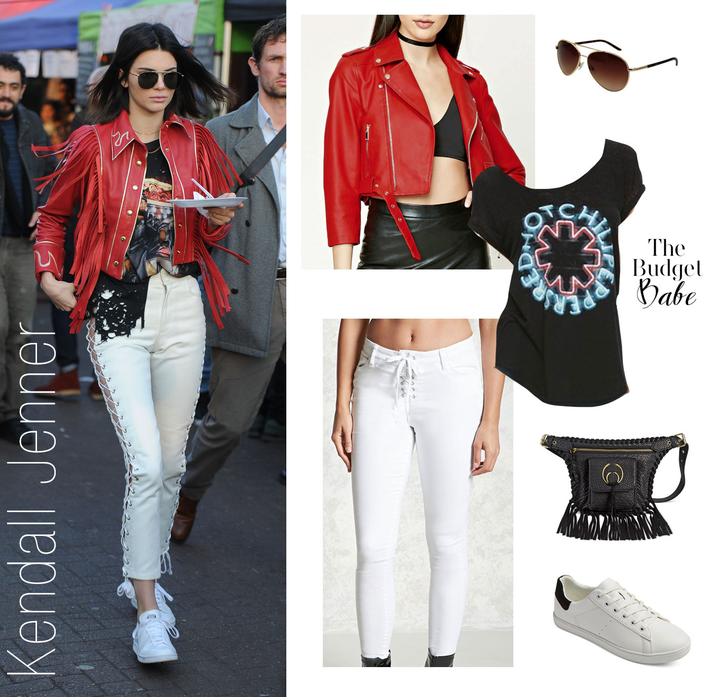 Kendall Jenner explores Portabello Market in London wearing a red leather jacket and white lace-up leather pants.