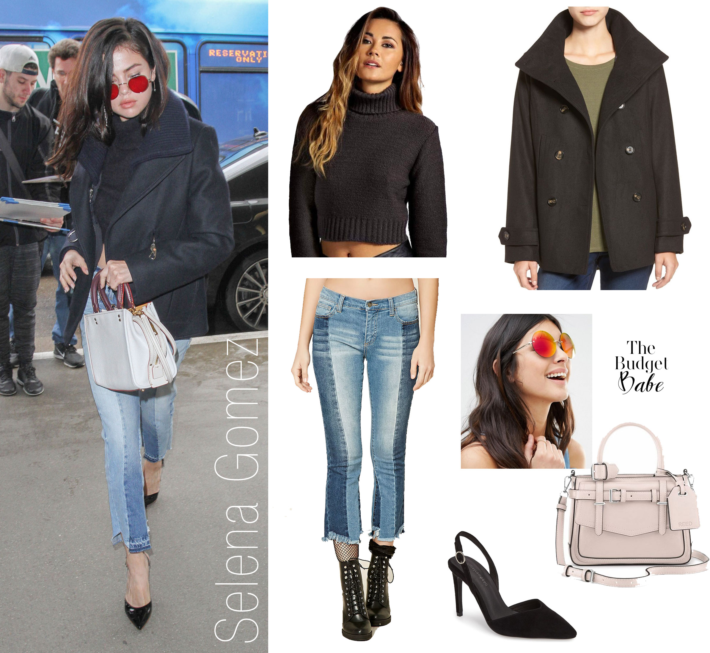 Selena Gomez is killin it her black crop turtleneck sweater, wool jacket and twist seam jeans.