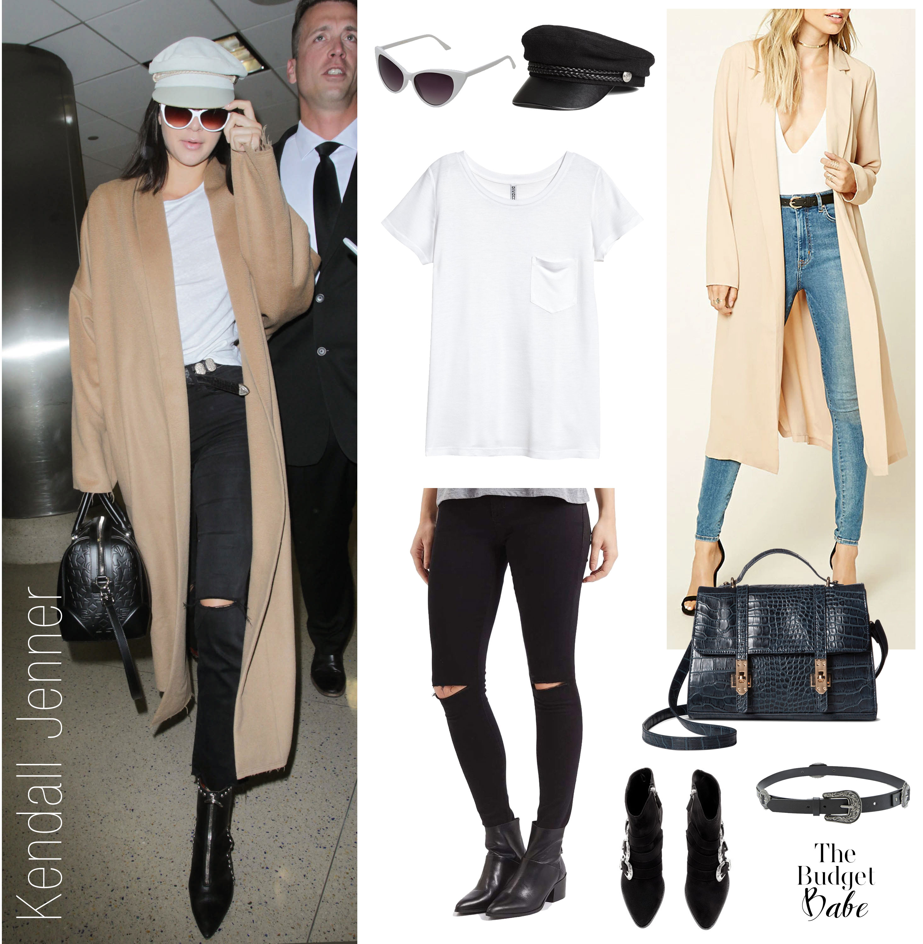 Kendall Jenner looks cool and effortless in a white tee, black ripped jeans and camel duster.