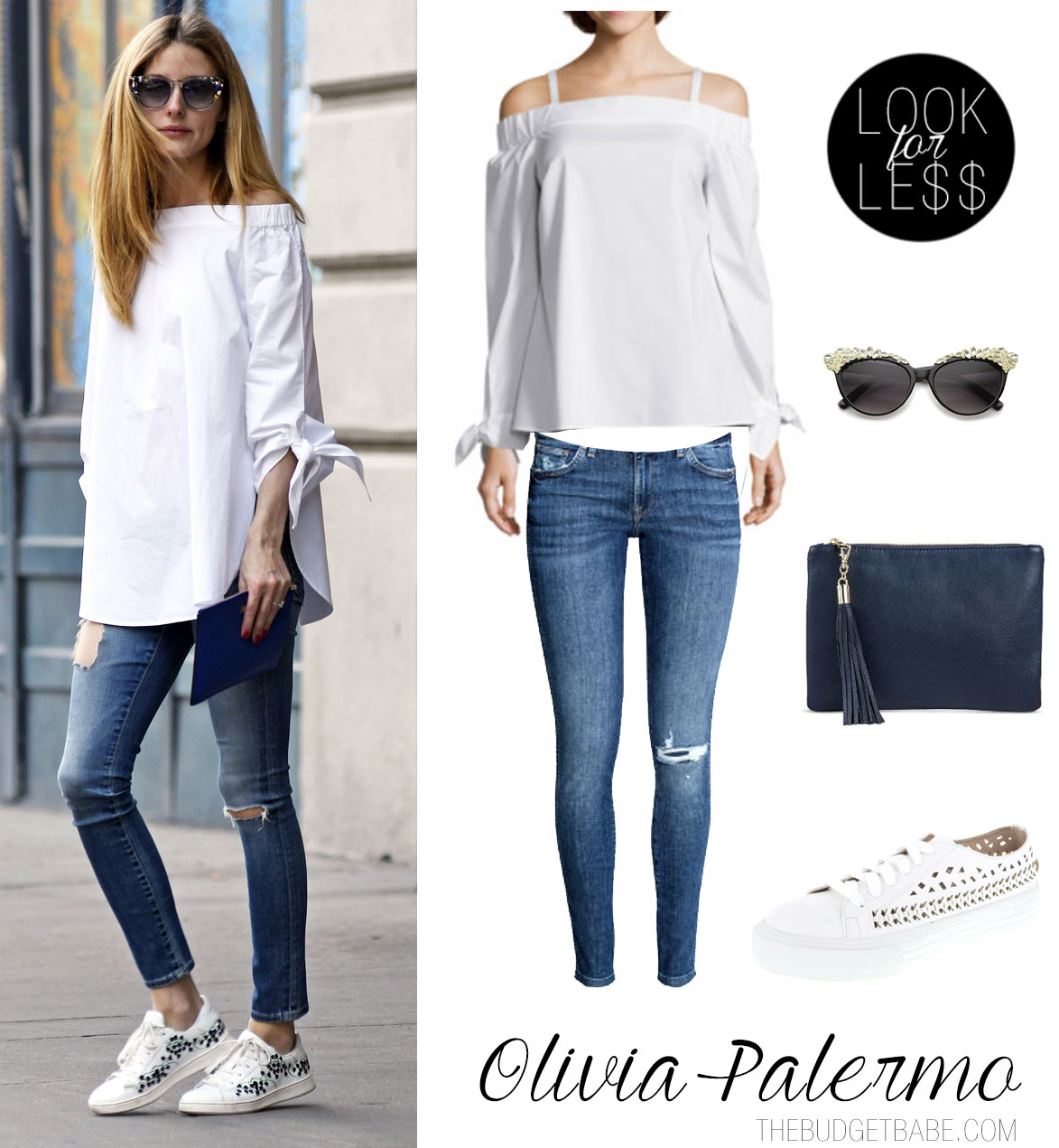 Olivia Palermo off-the-shoulder top and sneakers look for less