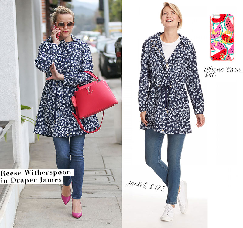 Reese Witherspoon stays stylish in the rain in a floral Draper James jacket