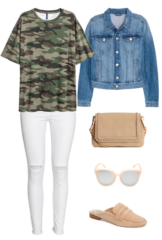 Pair a camo tee with white jeans for an unexpected spring look.