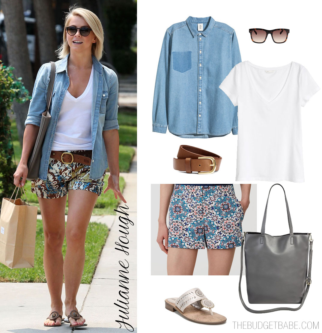 Pair printed shorts with a white tee and chambray shirt like Julianne Hough.