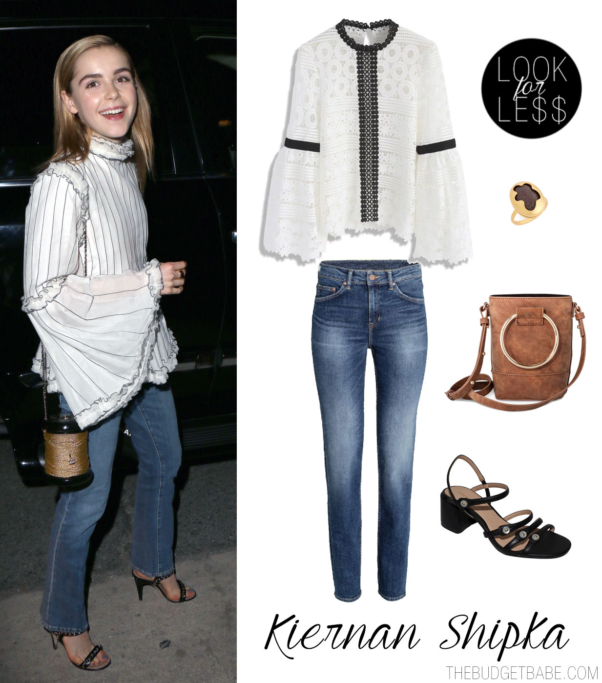 Kiernan Shipka's bell sleeve blouse and jeans look for less