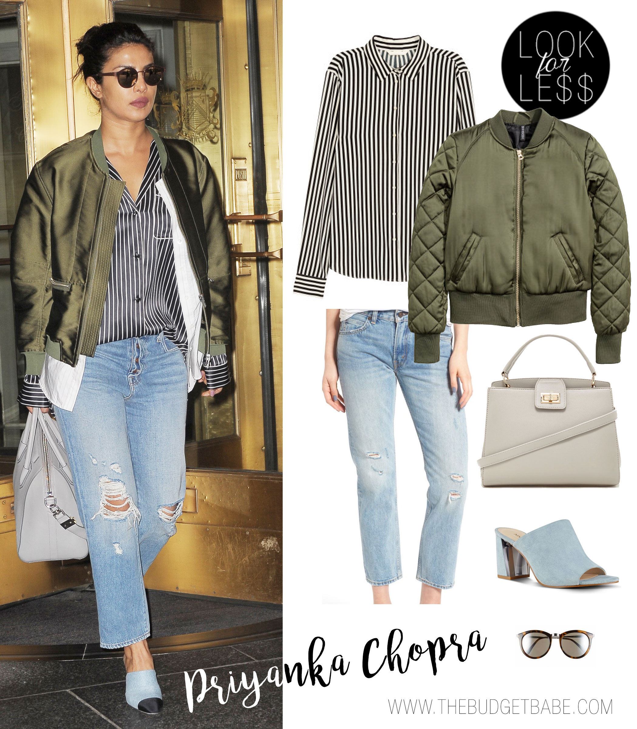 Priyanka Chopra looks chic in an olive bomber jacket, stripe blouse and crop high waist denim.