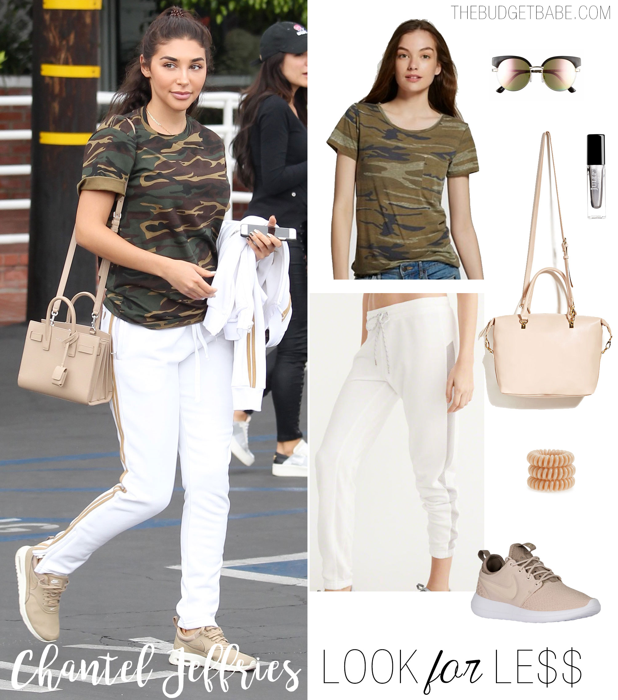 Here's a cute and casual summer outfit idea featuring a camo tee and white joggers.