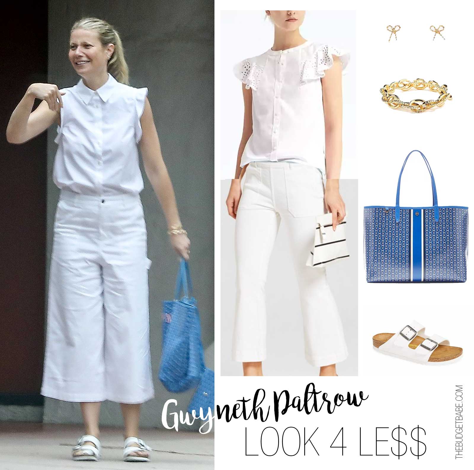 Gwyneth Paltrow wears a white sleeveless button shirt and wide leg crop pants plus white Birkenstock sandals.