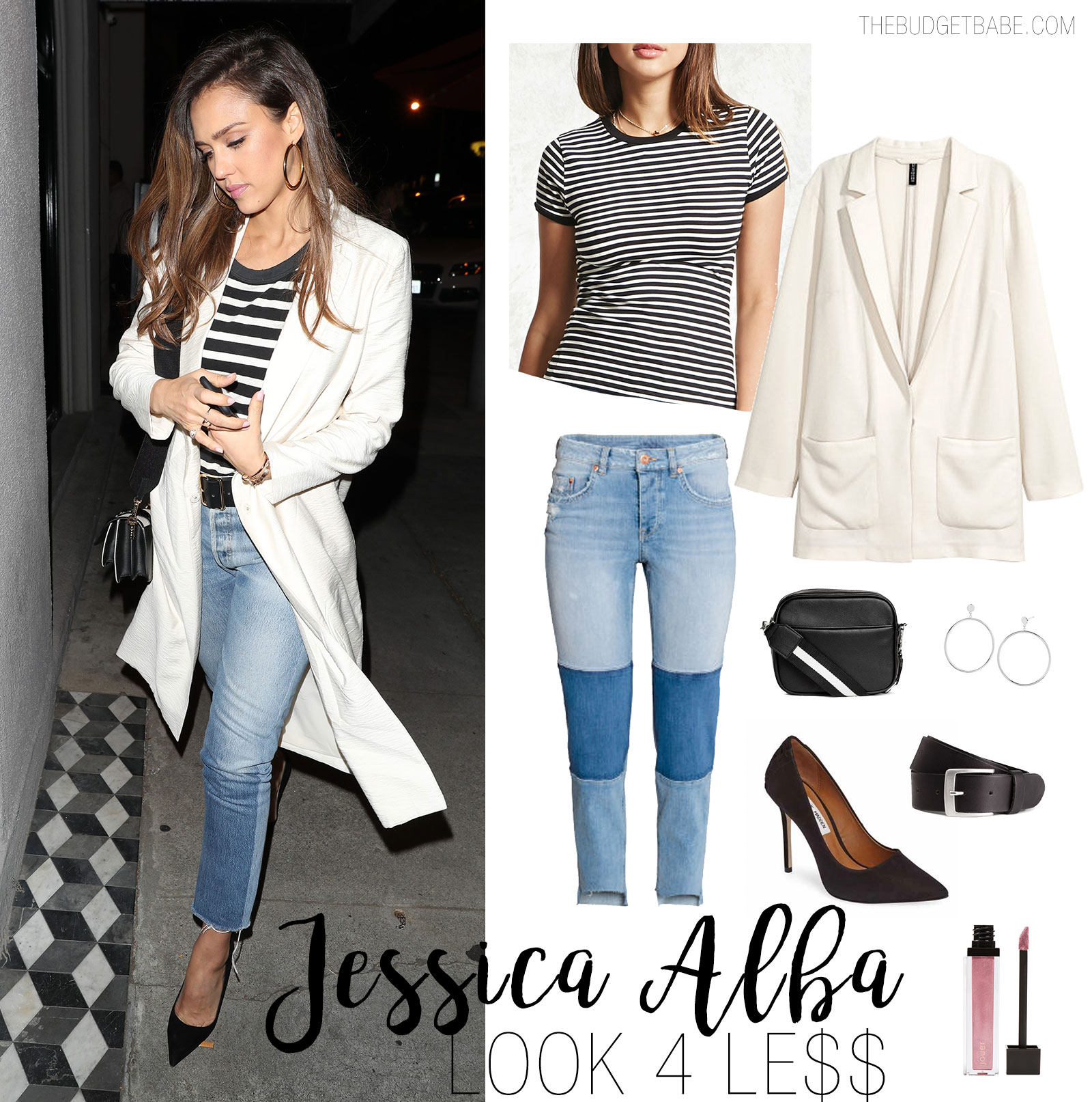 Jessica Alba striped top and white blazer look for less