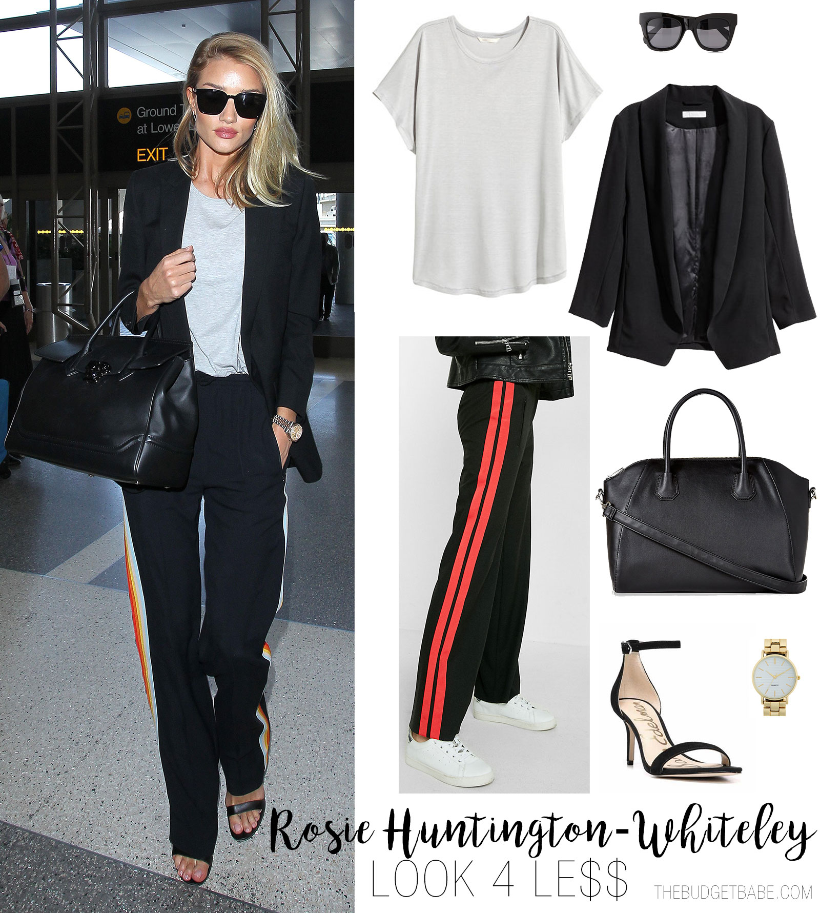 Rosie Huntington Whiteley wears track pants with heels and a blazer.
