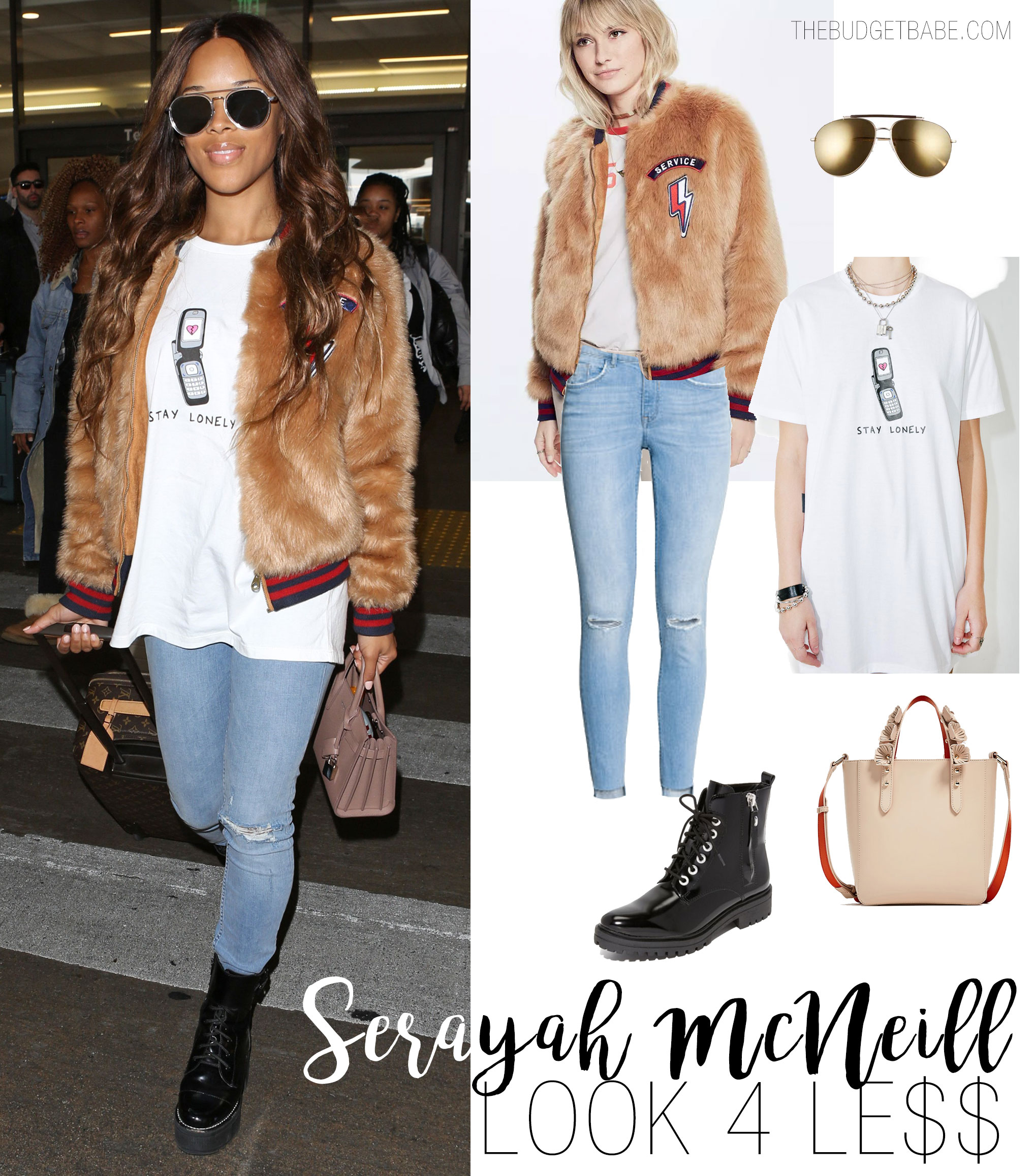 Serayah McNeill looks edgy and effortless in her Mother faux fur bomber jacket.