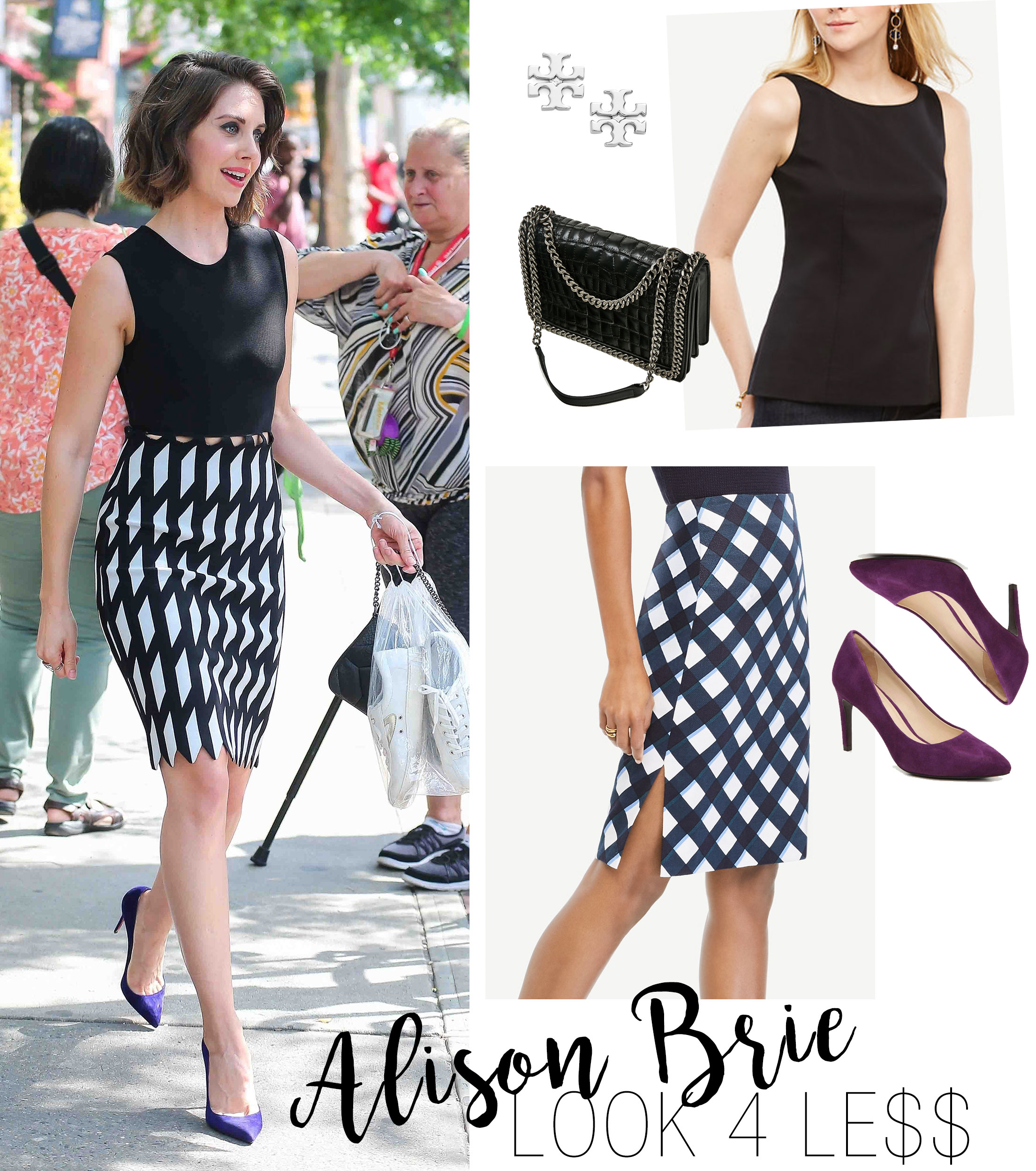 Alison Brie from Mad Men looks chic for summer in a black and white print pencil skirt.