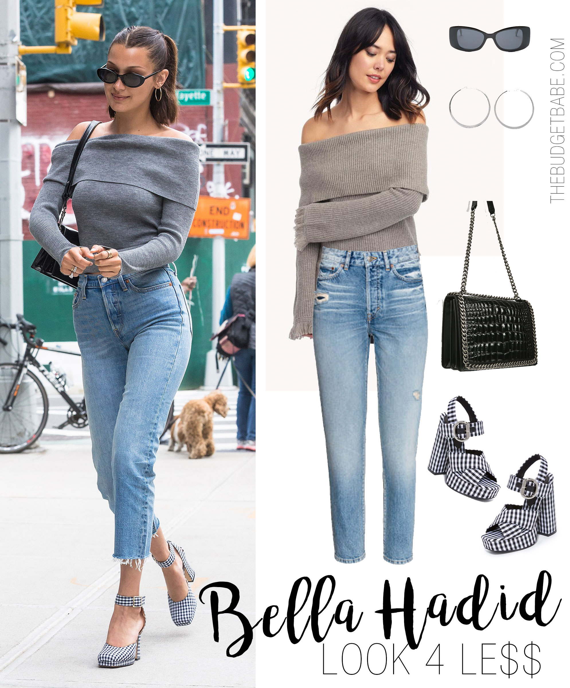 Bella Hadid looks cute and casual in a gray off the shoulder sweater, high waist jeans and gingham platform pumps.
