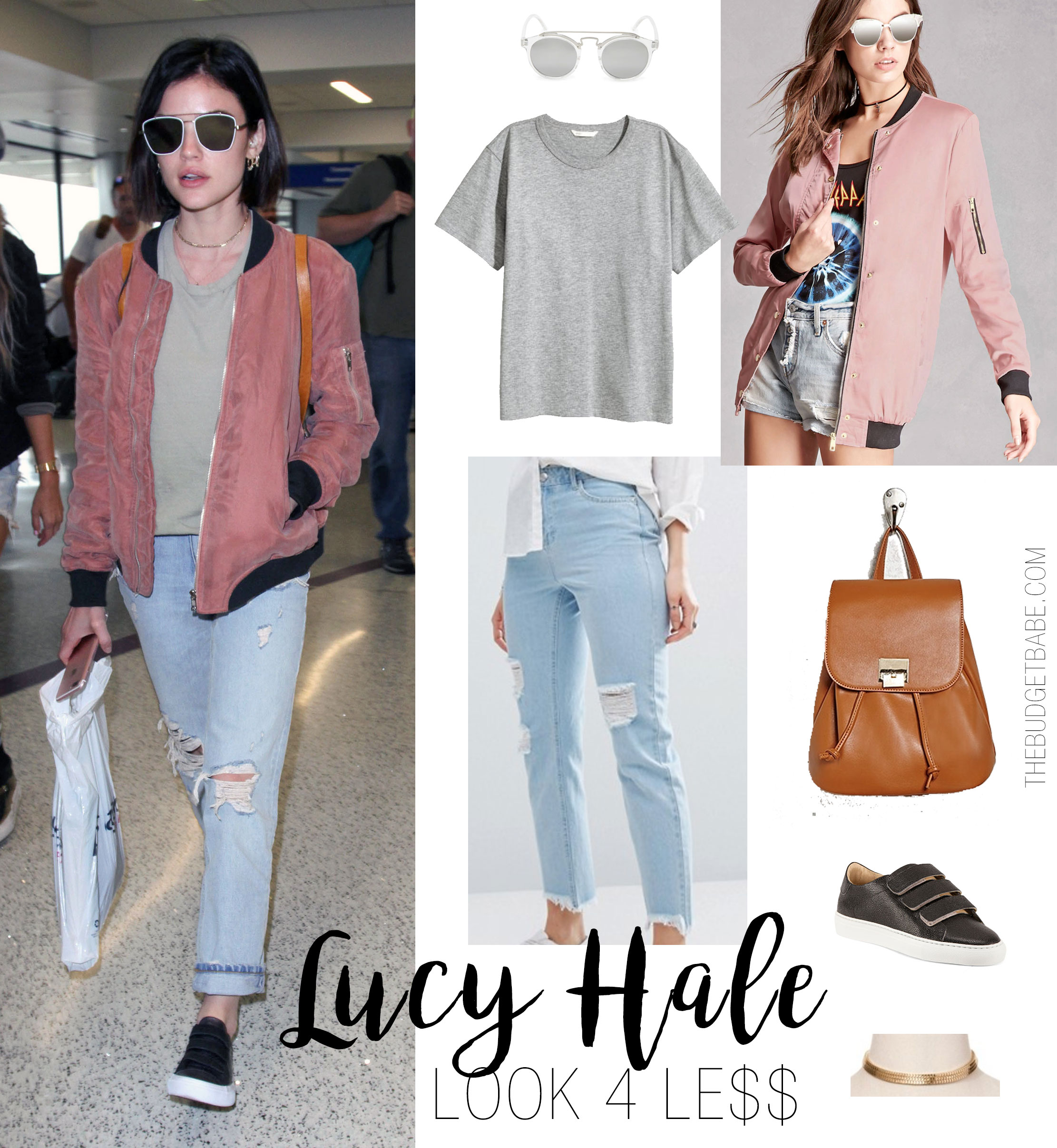 Lucy Hale's airport style is a comfy blush pink bomber and boyfriend jeans.