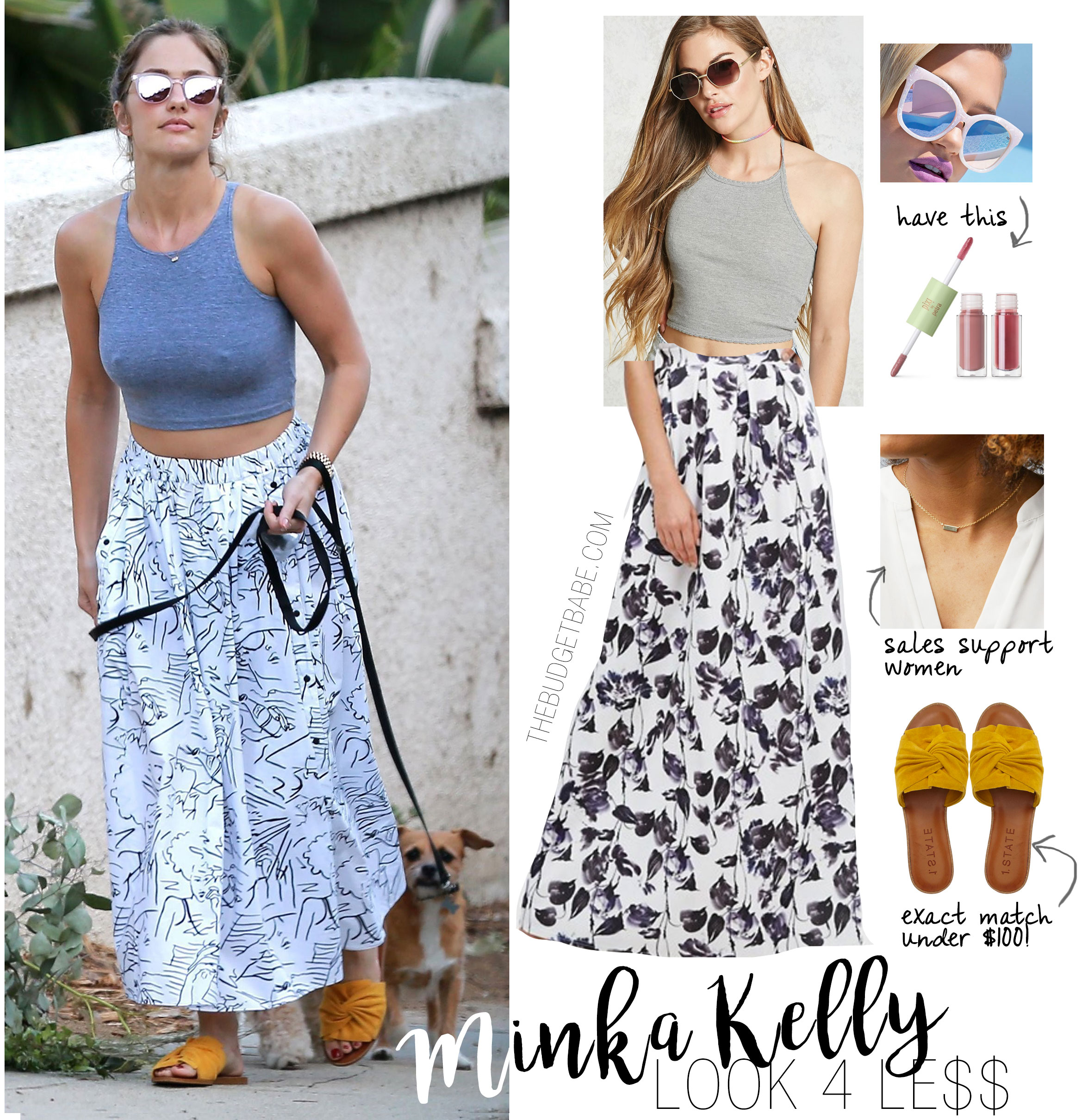 Minka Kelly looks amazing in a halter crop top, maxi skirt, and sunny yellow slide sandals while walking her dog.