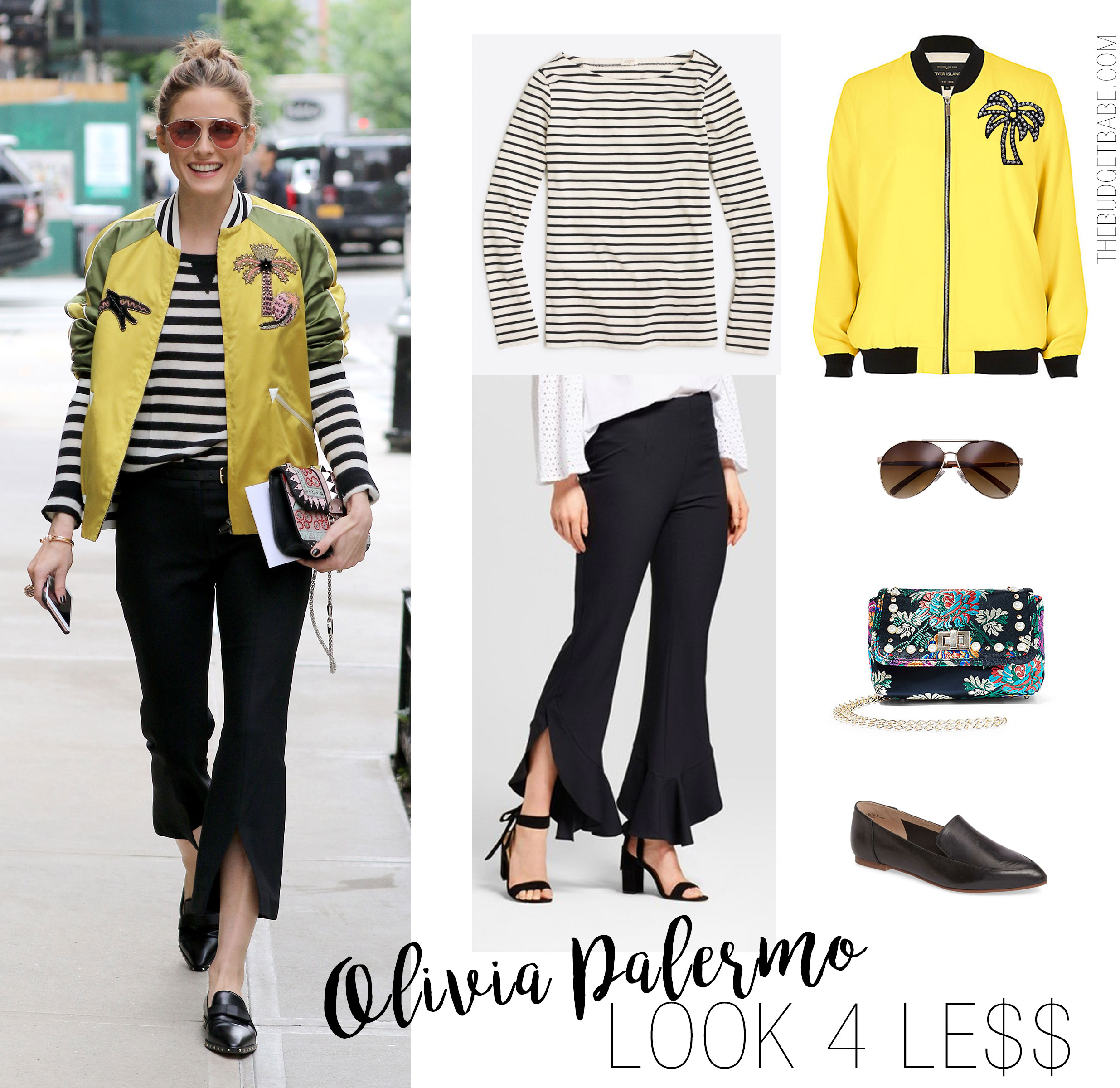 Olivia Palermo wears a yellow satin applique bomber jacket by Valentino with flare cuff pants.