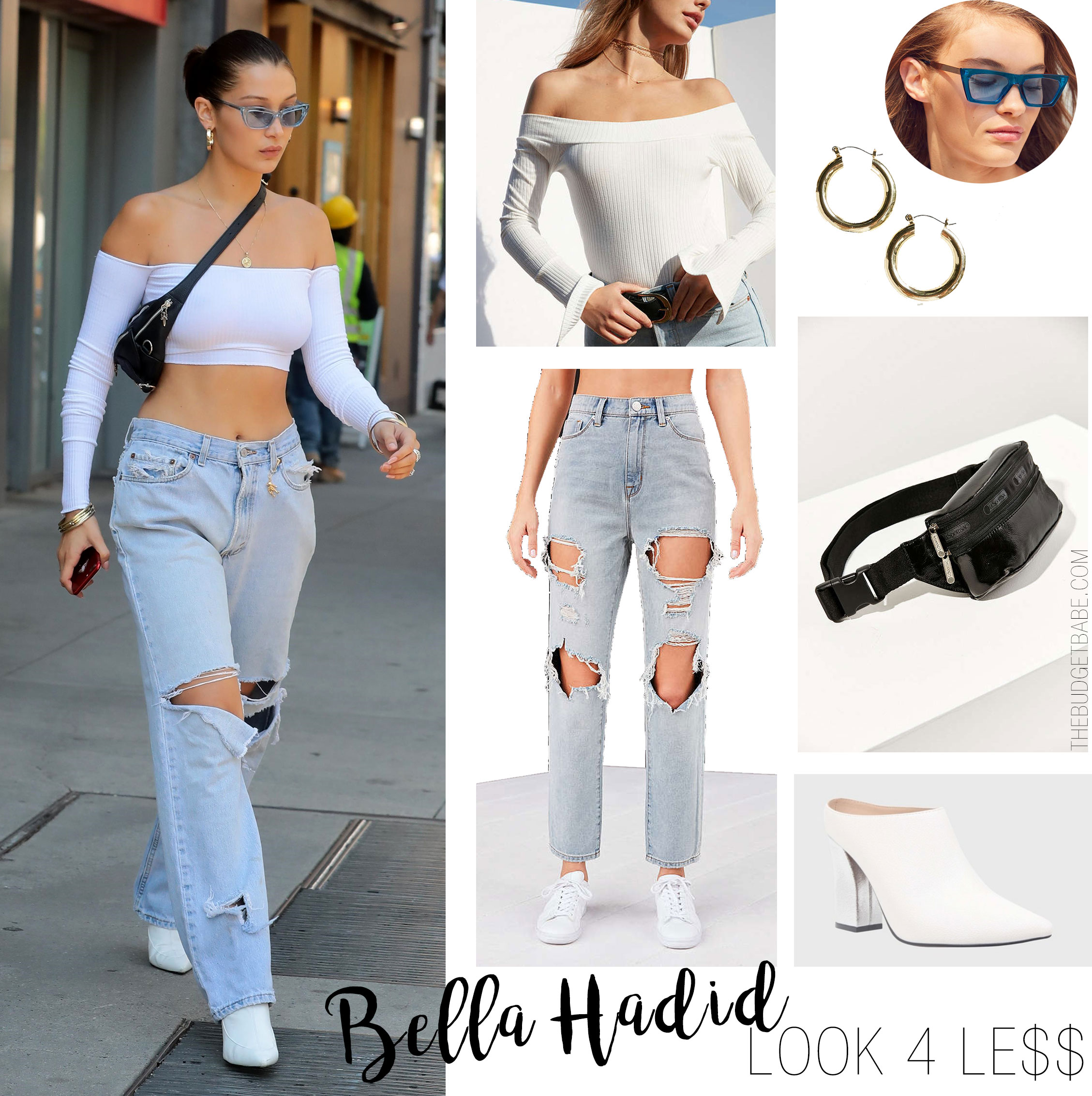 Bella Hadid shows off her trendy streetstyle in a white off-shoulder crop top, destroyed denim, and white ankle booties.