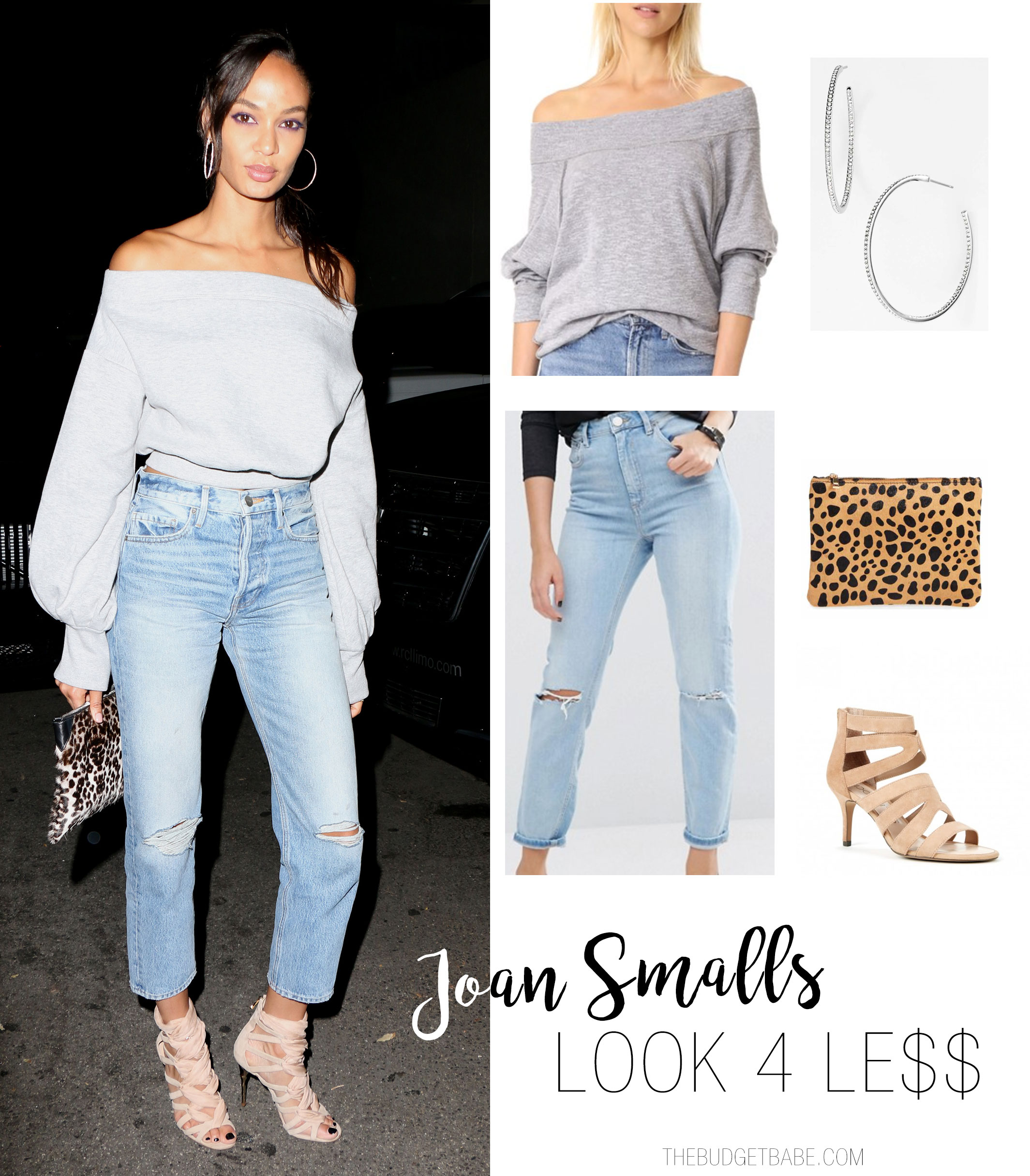 Joan Smalls wears an off-the-shoulder sweatshirt with high-waist jeans and cage sandals.
