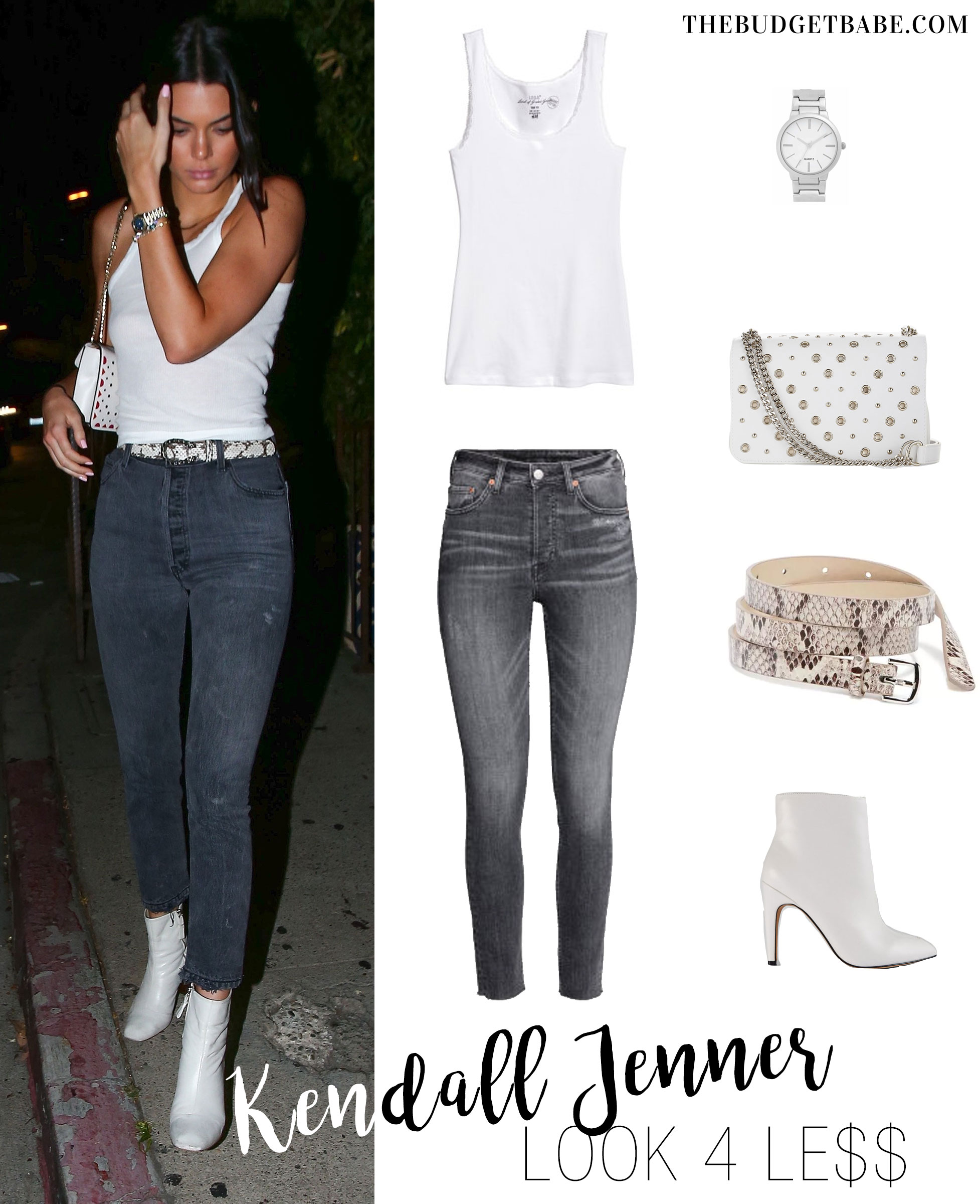 Kendall Jenner wears a white tank, Re/Done gray skinny jeans and Kurt Geiger white ankle boots.