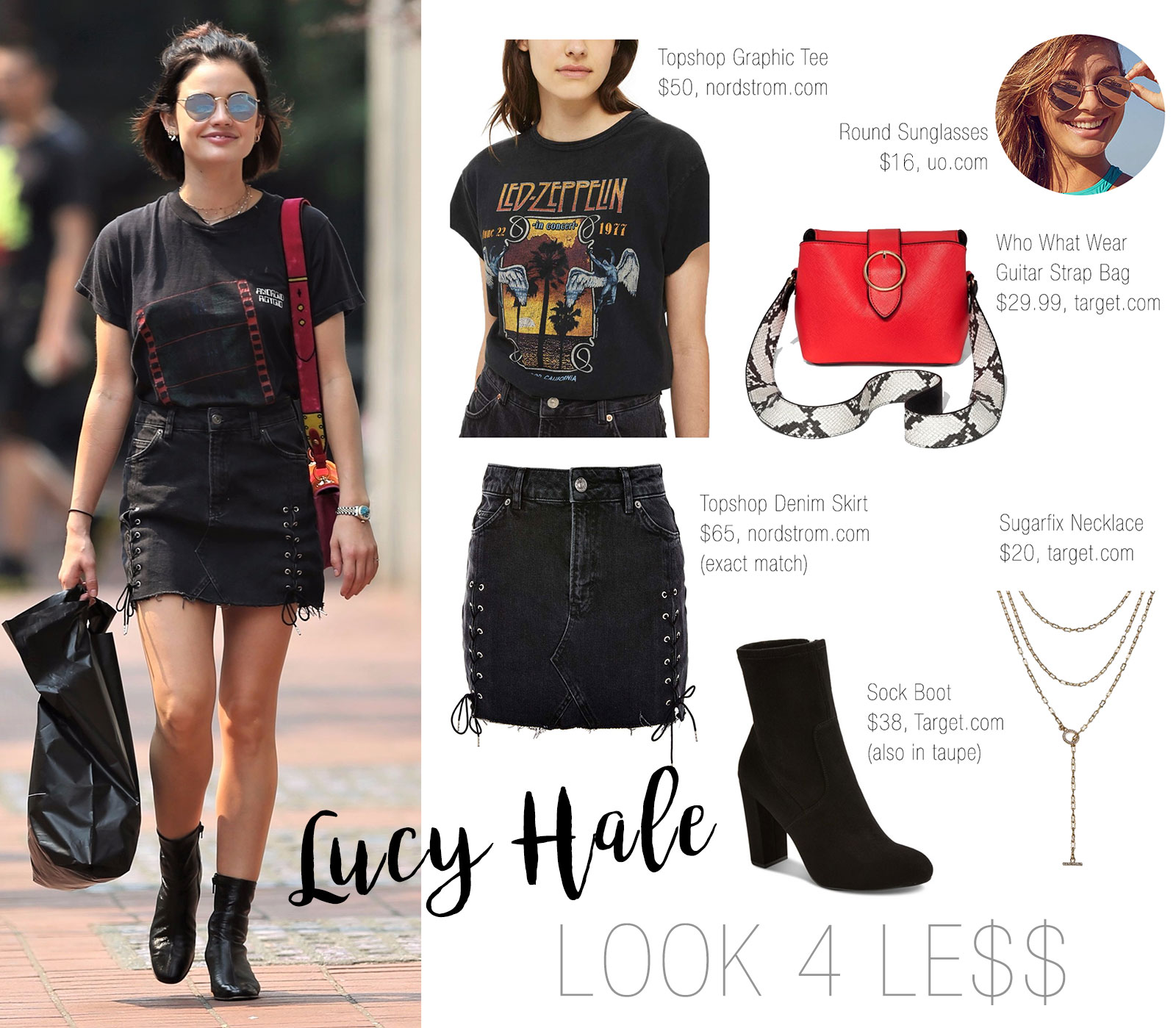 Lucy Hale steps out in a black denim mini and sock boots.