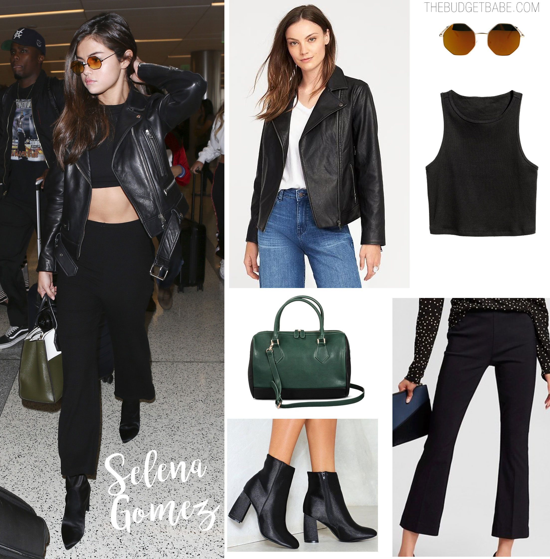 Selena Gomez looks chic in a black crop top, leather jacket, flare leg crop pants and satin boots while making her way through the airport.