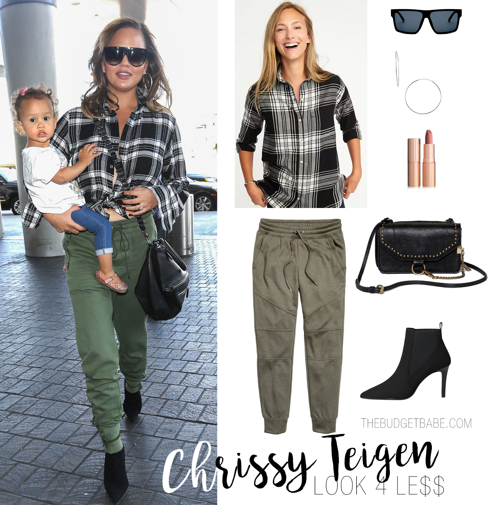Chrissy Teigen wears a plaid shirt, olive cargo joggers and black stiletto ankle boots.