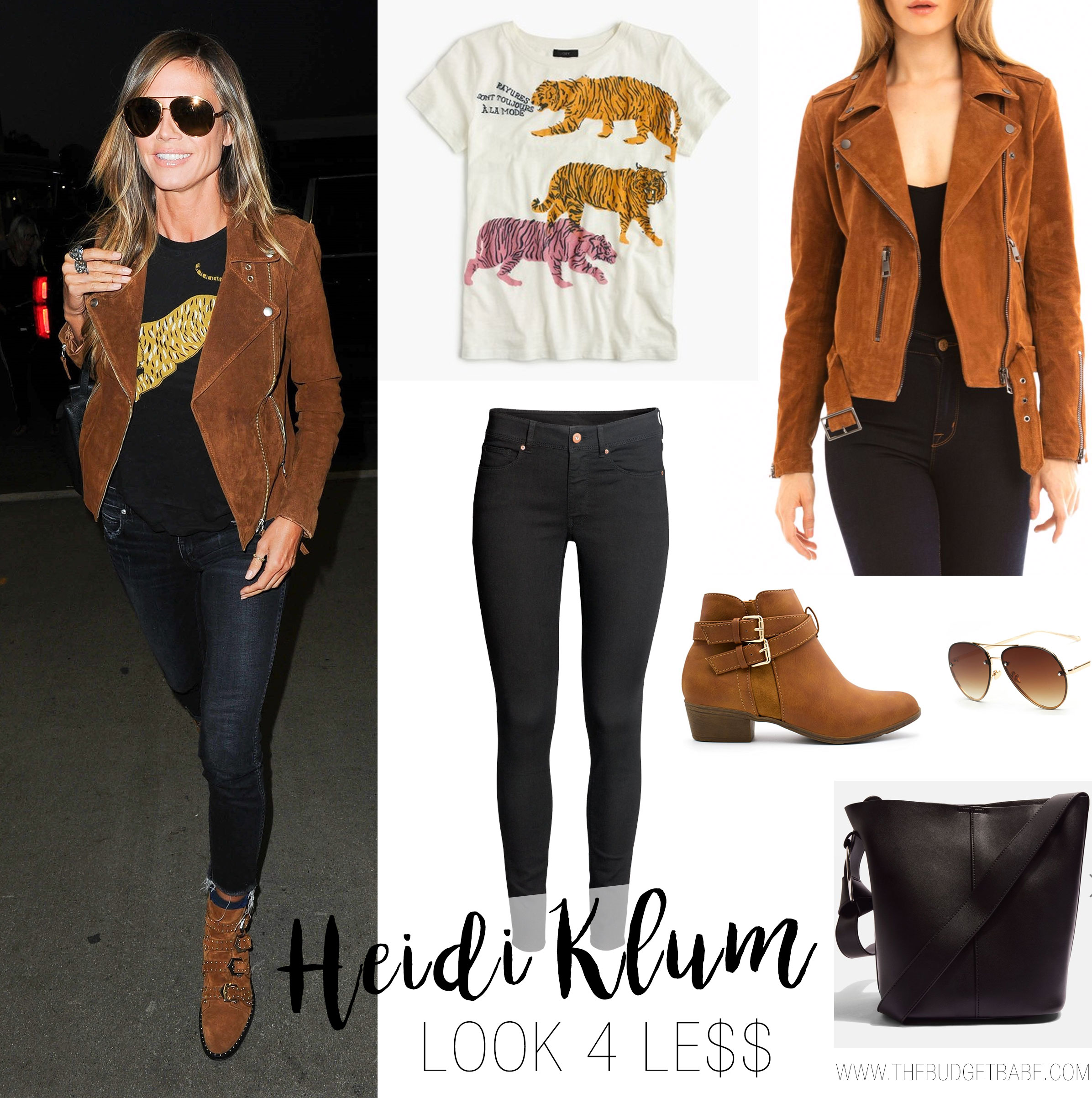Heidi Klum wears a tan suede moto jacket with black skinny jeans and Givenchy buckled ankle booties.