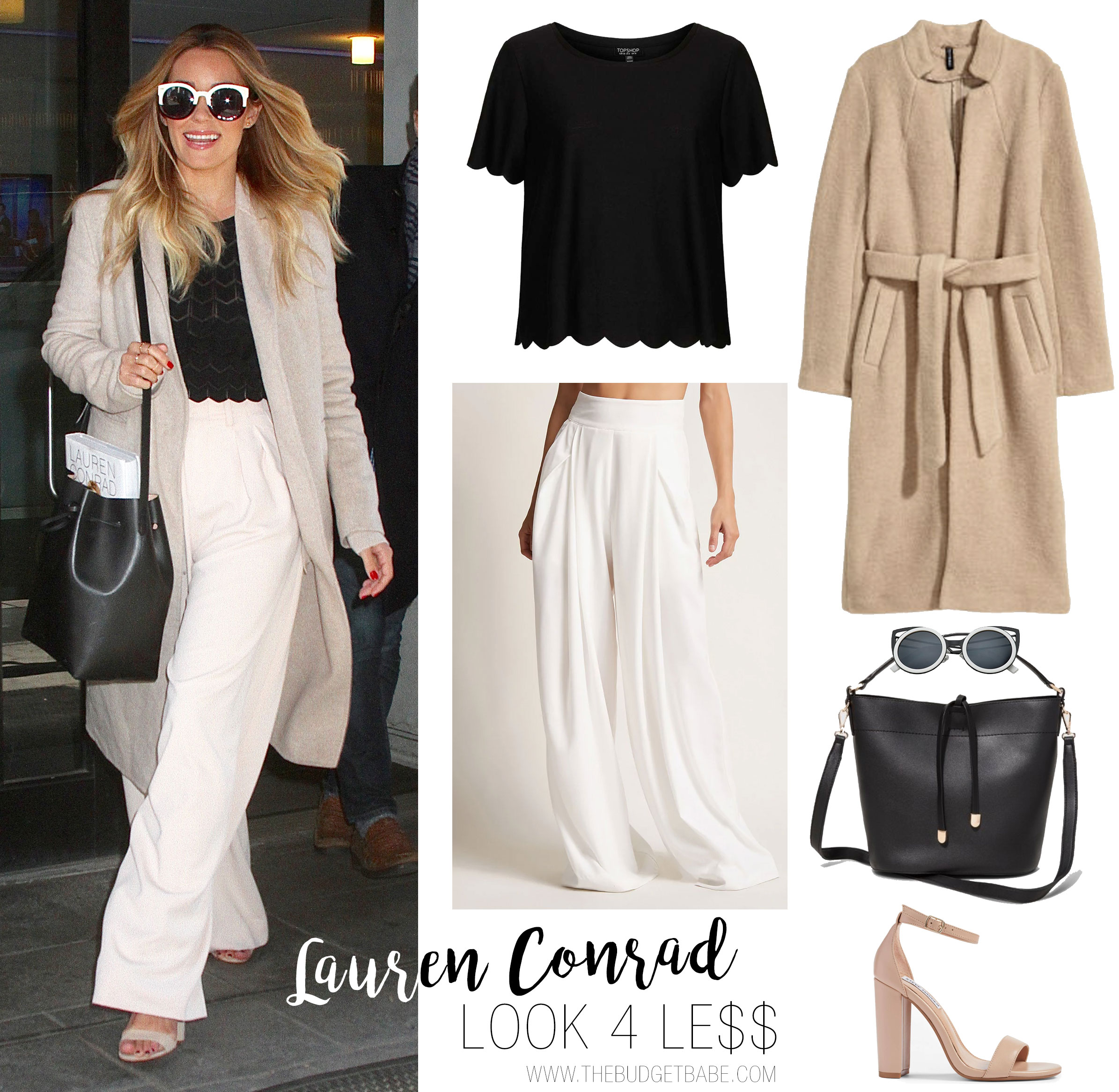 Get Lauren Conrad's chic white wide leg pants and black scalloped top look for yourself with these budget-friendly finds.