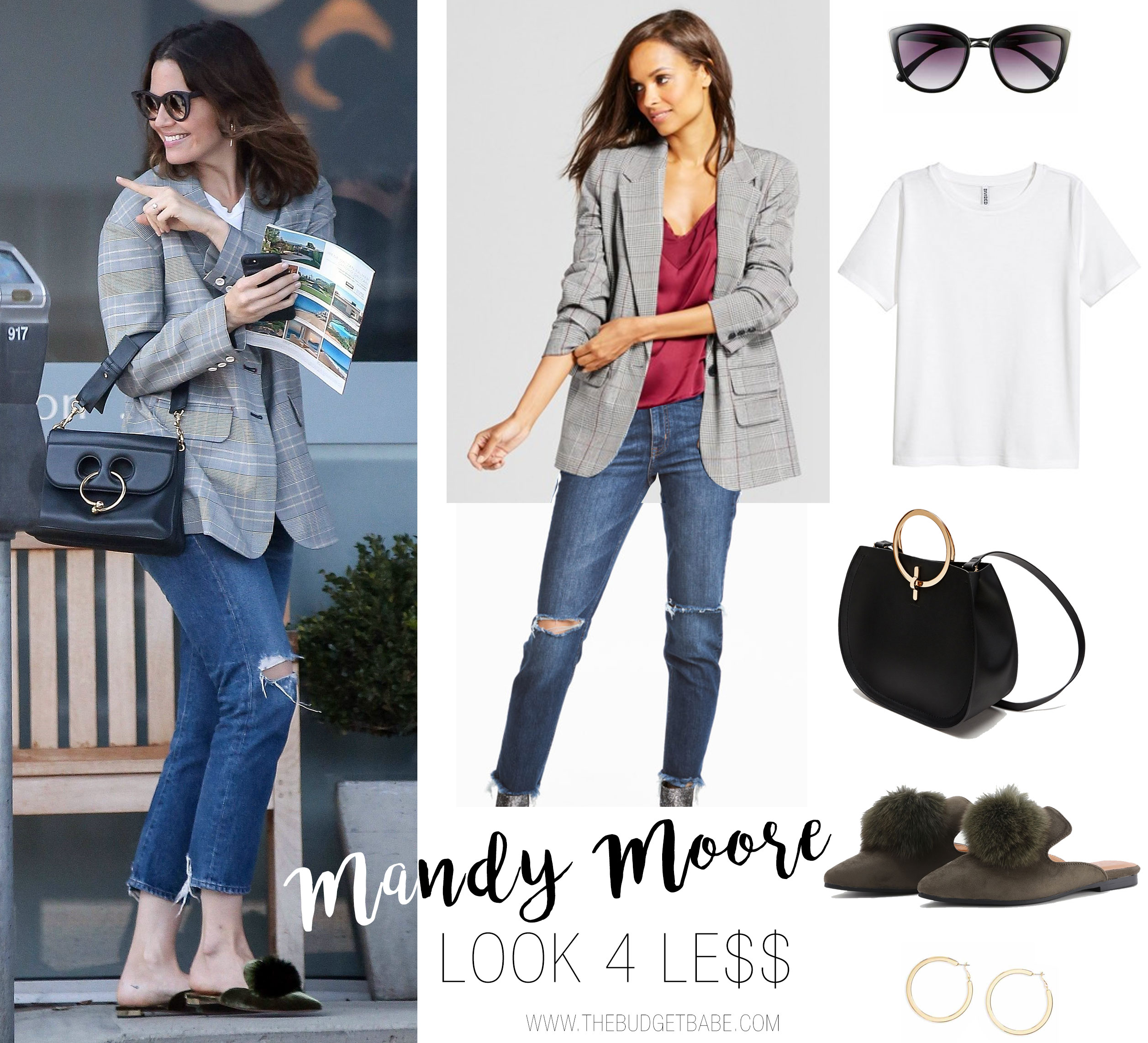 Mandy Moore wears a gray plaid blazer with a white tee, ripped jeans and pom pom fur mules.