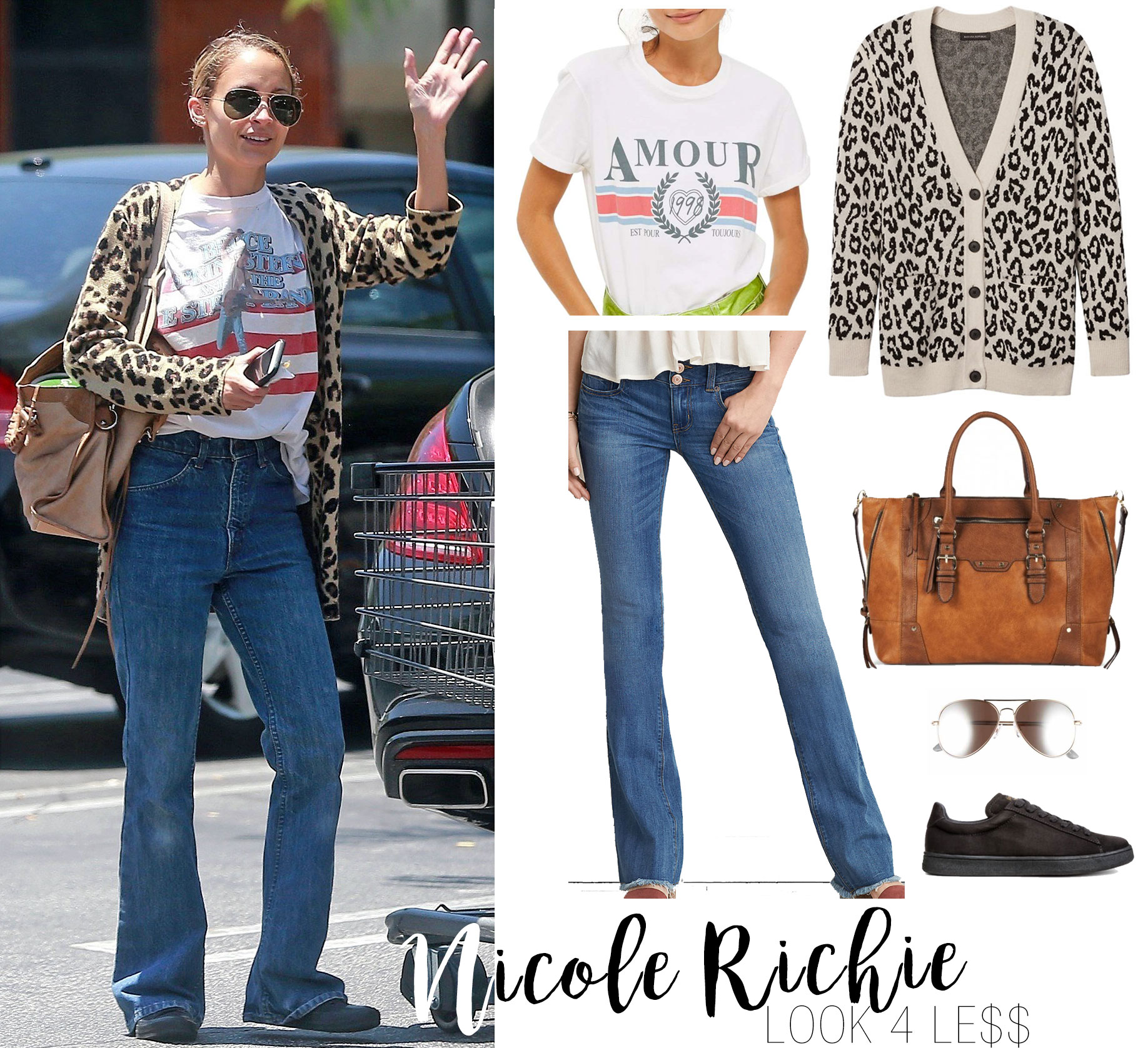 Nicole Richie wears a graphic tee, leopard cardigan and flare leg jeans while grocery shopping.