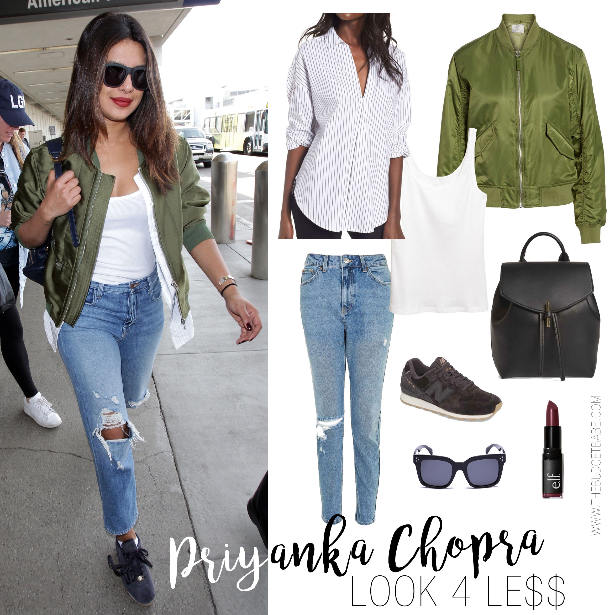 Priyanka Chopra wears a sporty olive green bomber jacket and suede sneakers while traveling through LAX airport.