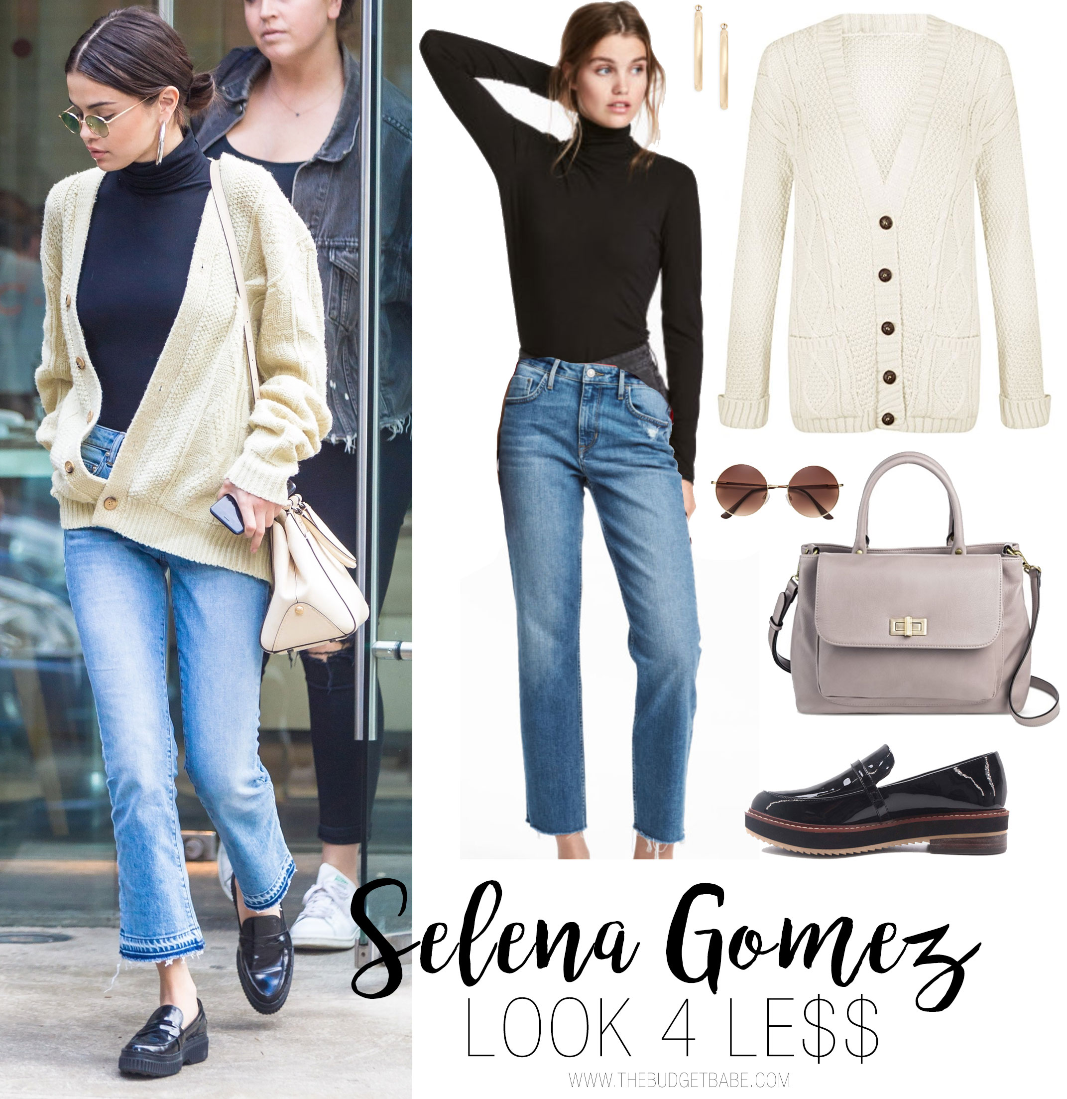 Selena Gomez looks cozy and cool in a chunky sweater, turtleneck sweater, crop jeans and loafer flats.