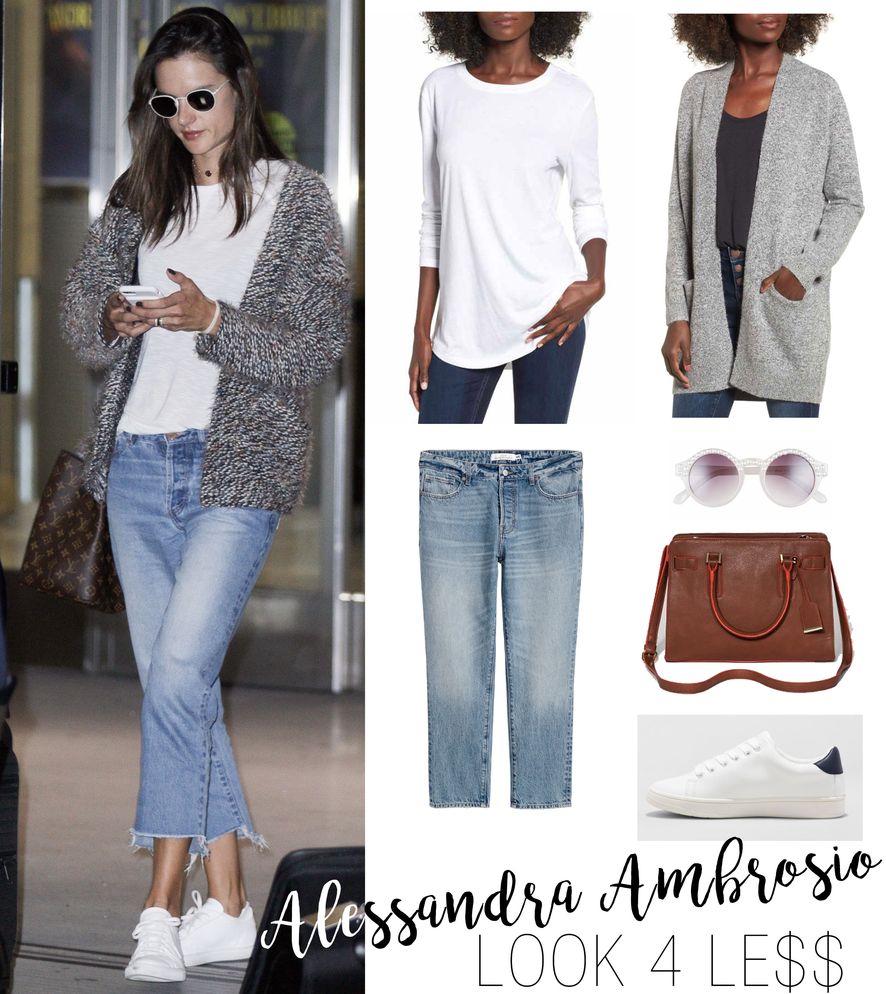 Alessandra Ambrosio wears a chunky knit cardigan with crop jeans and white sneakers while traveling through the airport.